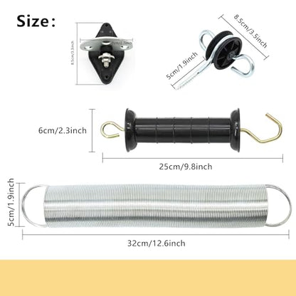 Electric Fence Spring Gate Handles Kit with Anchor Insulators and 3-Way Gate Anchor, Expands to 16 Feet Stainless Steel Tension Spring for Farms, Yards, Lawns, Gardens, Black (4)