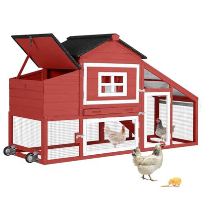 GUTINNEEN Chicken Coop Mobile Hen House Wooden with Run Poultry Cage with Nesting Box,Red - color: Red
