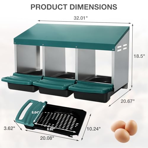 Chicken Nesting Boxes, 3 Compartments Egg Collection with Removable Drawer, Chicken Metal Laying Nest Box for Hens, Easy to Assemble, for Chicken Coop, Green - color: Green