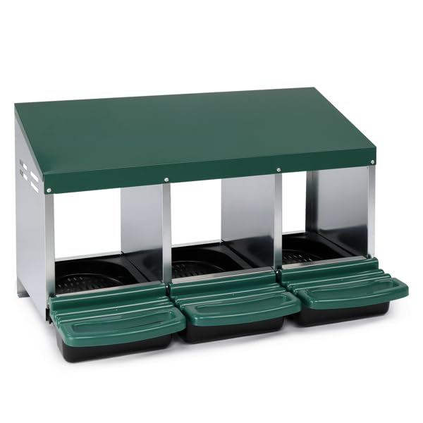 Chicken Nesting Box, 3 Compartments Metal Chicken Laying Boxes with Roll Out Egg Collection, Plastic Fake Eggs, Install Accessories and Gloves for Hens/Goose/Duck/Rabbit, Green