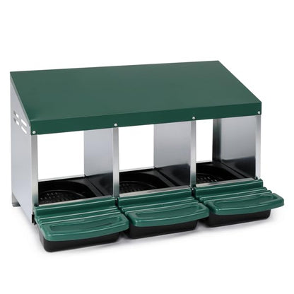 Chicken Nesting Box, 3 Compartments Metal Chicken Laying Boxes with Roll Out Egg Collection, Plastic Fake Eggs, Install Accessories and Gloves for Hens/Goose/Duck/Rabbit, Green