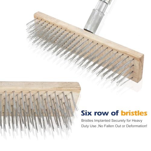 Floor Scrub Brush, Deck Brushes for Scrubbing Heavy Duty, Concrete Scrubber Outdoor Broom, Metal Wire Pool Brush Stainless Steel, Garage Patio Gunite Tile Algae Moss Cleaning Tool Long Handle