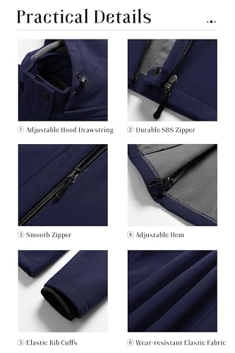 Pursky Women's Softshell Jacket Lightweight Fleece Lined Rain Jacket Waterproof Warm Windbreaker Coat With Removable Hood - color: Navy Blue, size: X-Small