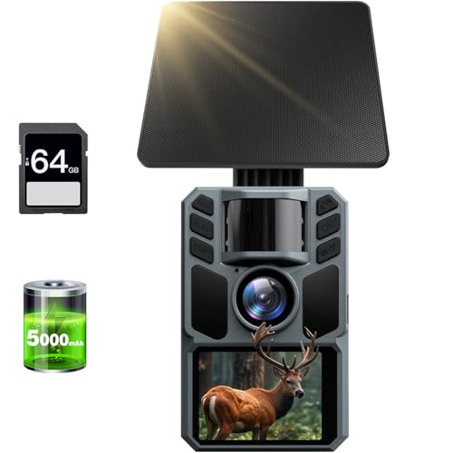 Trail Camera 4K 64MP with 5000mAh Rechargeable Battery 64GB Micro Memory Card IP67 Waterproof, Night Vision, Motion Activated, Solar Powered Wildlife Hunting Camera Outdoor