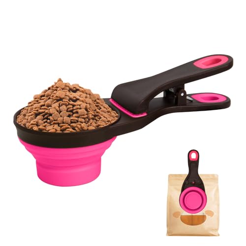 Collapsible Silicone Dog Food Scoop Foldable Pet Food Measuring Cup with Bag Clip 3 in 1 Multi-Function Silicone Dog Food Scooper (Rose Red, Small) - color: Rose Red, size: Small