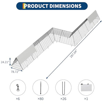 Large Metal Chicken Tunnel with Corner Frame, Portable Chicken Coop Run with Waterproof & Anti-UV Cover for Backyard Farm, Poultry Cage for Hens, Ducks, Rabbits, 287x78.7x24.2 inch