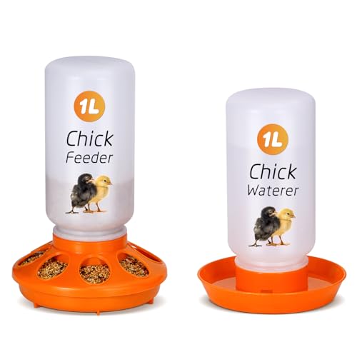 Chick Feeder and Waterer Kit, 2-in-1 Chick Starter Set, 0.3Gal Chicken Feeder and Waterer Set, Baby Chick Starter Kit for Poultry (Orange, 1L) - color: Orange