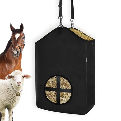 Hay Bags,Slow Feed Hay Bags for Horses,Goats,Donkeys with Reinforced Oxford Fabric and High Strength Metal Clasp,Horse Feeding Supplies with Strap for Easy Hanging (1 Black) - color: 1 Black