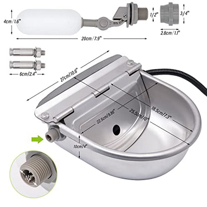 MINYULUA Automatic Heated Dog Water Bowl Stainless Steel Pet Thermal-Bowl Livestock Waterer Constant Temperature Dispenser for Dogs Cow Horse Pig Sheep Chicken Outdoor Drinking