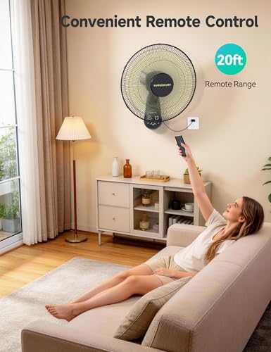 VAGKRI 16 Inch Wall Mount Fan, Quiet Oscillating Fan with Remote, 5 Speeds, 8-Hour Timer, 90° Oscillation, Ideal for Home, Office, Bedroom, Garage, Black