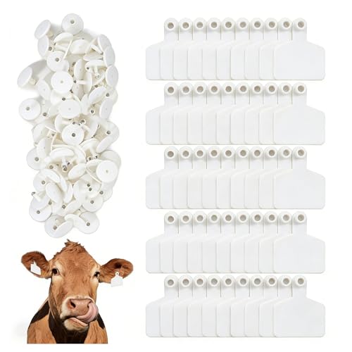 100 Blank Cattle Ear Tags | Large Plastic Precision Animal Identification Blank Livestock Ear Tags | Suitable for Farm Management of Cattle, Horses, Dogs, Pigs, Goats, and Sheep White - color: White