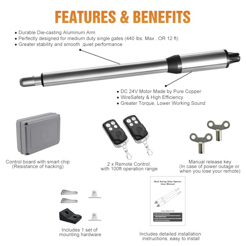 JUJIANG C01 Automatic Gate Opener with Remote Complete Kit for Swing Gate Up to 440lb 12FT per Arm, Electric Gate Openers Light Duty Dual Swing Gate Openers Automatic Gate Motor 40W AC Powered - style: 440lb Dual Gate Opener
