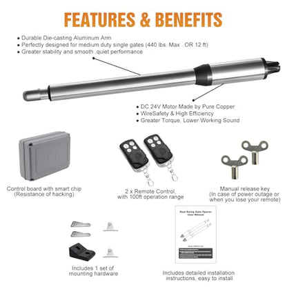 JUJIANG C01 Automatic Gate Opener with Remote Complete Kit for Swing Gate Up to 440lb 12FT per Arm, Electric Gate Openers Light Duty Dual Swing Gate Openers Automatic Gate Motor 40W AC Powered - style: 440lb Dual Gate Opener