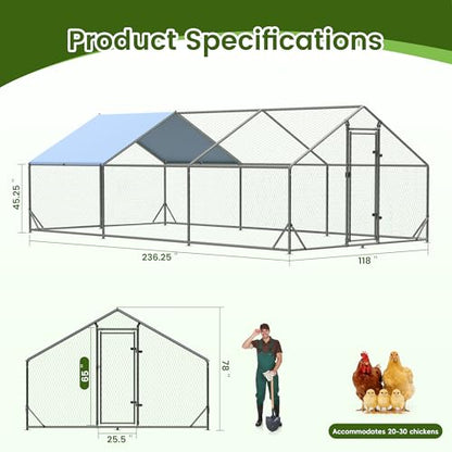 Large Metal Chicken Run Walk-in Poultry Cage Spire-Shaped Chicken Coop with Waterproof and Anti-Ultraviolet Cover for Outside,Backyard and Farm,19.6' L x 9.8' W x 6.4' H - color: Spire-Shaped Roof, size: 235.2"L x 118.0"W x 78.0"H