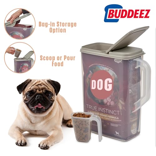 Buddeez Pet Food Storage Container - 8 Quart Capacity Dog / Cat Food & Bird Seed Container with Durable EZ Grip Handle, Flip Gray Lid (includes 1 Cup Clear Scoop) - size: 8 Pounds