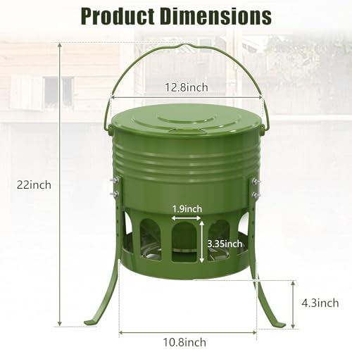 Metal Chicken Feeder No Waste, 20 Lbs Large Automatic Chicken Feeder with 12 Ports, Adjustable Height Poultry Feeder with Lid & Handle, Rat Proof Rust Proof Feed Box for Poultry & Backyard Chickens