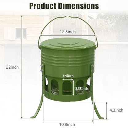 Metal Chicken Feeder No Waste, 20 Lbs Large Automatic Chicken Feeder with 12 Ports, Adjustable Height Poultry Feeder with Lid & Handle, Rat Proof Rust Proof Feed Box for Poultry & Backyard Chickens