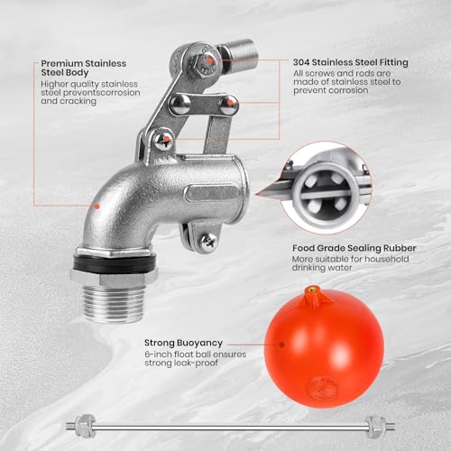 3/4" Stainless Steel Float Valve for Water Tank with 6" Float Ball | 304 Stainless Steel, 6" Float Ball, Adjustable Rod, Leak-Proof Water Level Control - size: 3/4inch