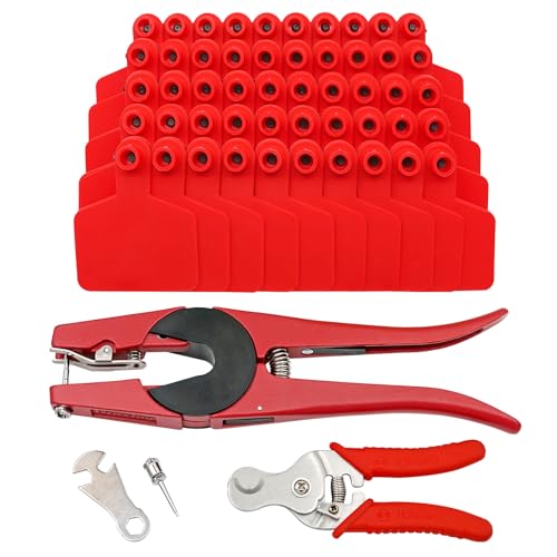 Cattle Ear Tags - Blank 100 Sets Livestock Identification Tags with Applicator and Remover Pliers for Cattle, Cow, Pig, Goat, Horse (Red)