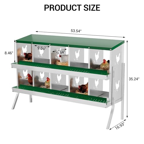 10-Room Metal Chicken Nesting Box, Heavy-Duty Galvanized Steel Egg Laying Box with Vented Holes & Leg, Wall-Mounted or Floor Use, Secure Egg Collection, Green