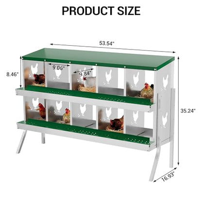 10-Room Metal Chicken Nesting Box, Heavy-Duty Galvanized Steel Egg Laying Box with Vented Holes & Leg, Wall-Mounted or Floor Use, Secure Egg Collection, Green