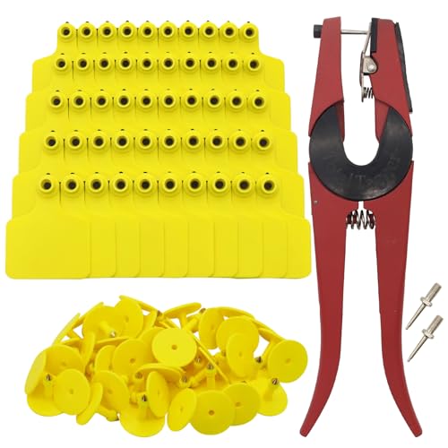 100 Pieces Blank Cattle Ear Tags with Pliers, Yellow | TPU, Livestock Ear Tag, Animal Identification, For Cattle Cow Horse Pig Goat Sheep - color: Yellow