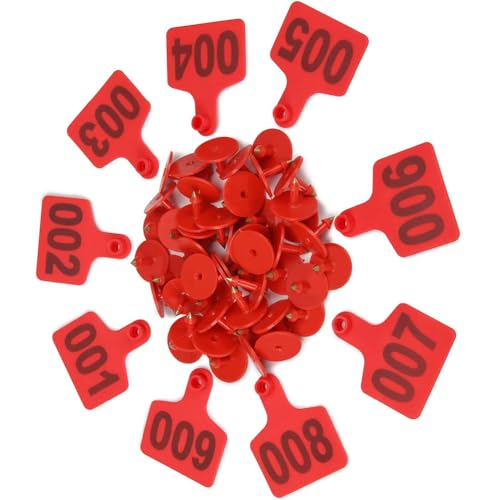 Livestock Identification Numbered Ear Tags for Goats Pigs Hogs Cows Cattle Calf Farm Blue Tags PE Cattle Ear Tags Pack of 100 (001 to 1000) red 901-1000 - color: Red, size: 901-1000