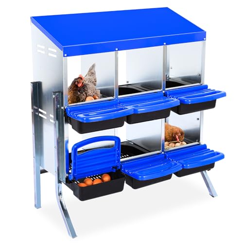 Chicken Nesting Boxes, 6-Hole Metal Nesting Boxes for Chickens, 2 Mounting Options for Egg Laying, Chicken Nesting Box with Roll Away Egg, with Large Holes for Ventilation, Easy to Clean - color: Blue, size: 6 holes with legs