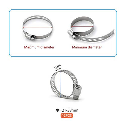 ZIPCCI Hose Clamp, 12 Pack Stainless Steel Worm Gear fuel line hose clamps, 21-38mm (3/4-1-1/2 inch) - size: 21-38mm