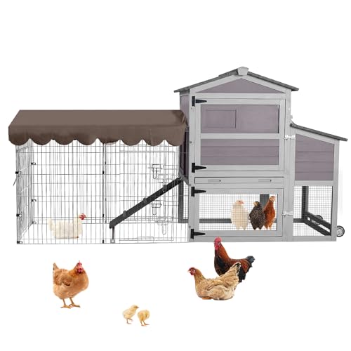 Aivituvin Durable Mobile Chicken Coop with Wheels, Waterproof Asphalt Roof, Steel & Cedar Wood Frame, Large Nesting Box, Predator-Proof, Removable Tray, Two-Level Chicken House for 4–6 Chickens - color: Grey, size: 79.1"L x 25.2"W x 43.6"H
