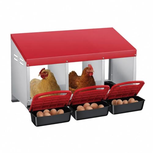 Chicken Nesting Boxes Metal Roll-Away 3-Compartment Galvanized Steel Laying Box, Easy Egg Collection Tray, Wall Mount or Freestanding – Red, Three Grids - color: Red, size: 3 Holes
