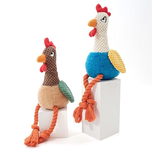 Plush Chicken Dog Toy with Squeaker, Interactive Rope Legs for Small and Medium Dogs, Multicolor Tug and Fetch Chew Rooster Toy - color: Brown Rooster