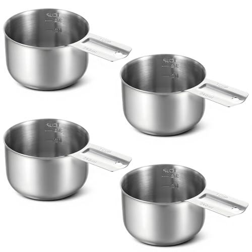 4Pcs 1 Cup 304 Stainless Steel Measuring Cup, 8 oz Metal Measuring Cups with Handle Measurings Spoons Heavy Duty Kitchen Cooking Gadgets Rice Measurings Cups for Wet/Dry Ingredients Baking