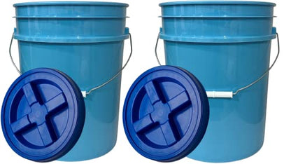 House Naturals 5 Gallon Made in USA Food Grade Plastic Bucket with Blue Screw On Air Tight Double Gasket lid, (Pack of 2)