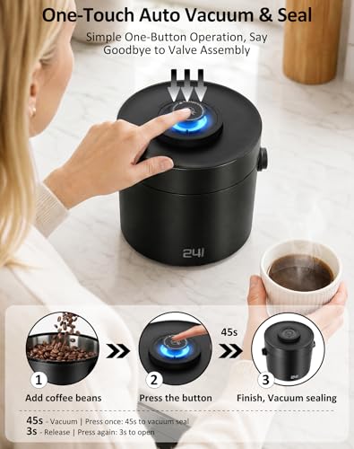 ROTTOGOON Auto Vacuum Coffee Canister, Rechargeable Airtight Coffee Container with 304 Stainless Steel Inner, Scoop, Handle,Sealed Coffee Bean Storage Container for Ground Coffee, Tea, Food, 24OZ/ 2L - size: 2L/24OZ