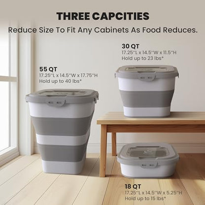 35-40 Lbs Airtight Dog Food Storage Container, Collapsible Dog Food Container with Lid, Wheels, Date Track, Large Pet food storage Container for Rice,Flour,Sugar,Dog Food Scoop,2PCS Containers - color: Grey/40 lbs