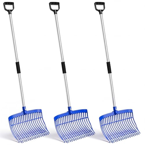 Lasnten 3 Sets Blue Manure Fork with Long Metal Handle Pitch Fork Manure Rake Heavy Duty Muck Rake for Gardening Horse Stall Stable Grass Hay Cleaning Farm Work(D Shaped Grip) - color: Blue