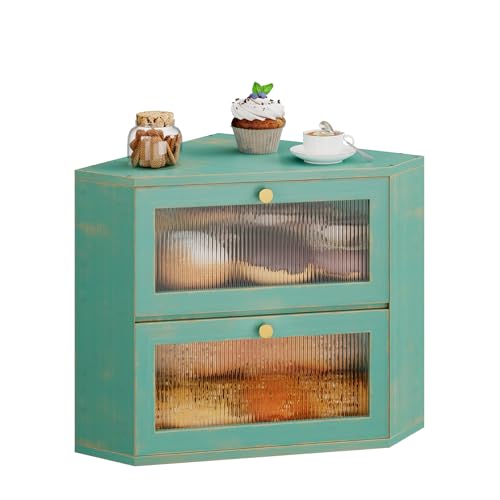 Trironsun Corner Bamboo Bread Box for Kitchen Counter Double Layer Bread Storage Container Large Capacity Bread Storage Bin with Wavy Arcylic Transparent Door (Antique Blue) - color: Antique Blue