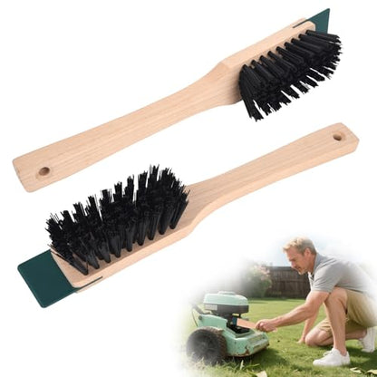 2 Pcs Lawn Mower Stiff Bristle Brush, Heavy Duty Hardstiff Bristle Brush with Scraper Wooden Handles Widely Used for Deck, Machine, Concrete Cleaning