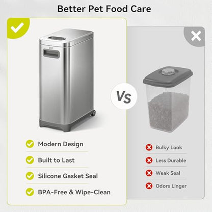 EKO 45 lb Airtight Dog Food Storage Container, Stainless Steel Pet Food Container for Kibble, Cat Food & Bird Seed, Lockable Lid, Magnetic Scoop, BPA-Free Inner Bucket, Wheels