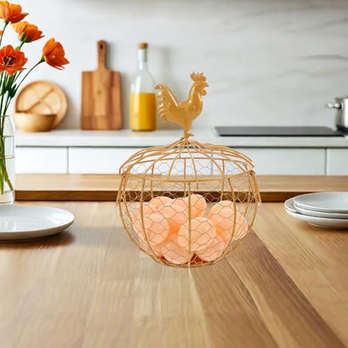 Gatuida Vintage Farmhouse Metal Egg Basket with Double Handle and Chicken Knob Lid, Rustic Wire Storage Bin for Kitchen Pantry and Fresh Egg Collection