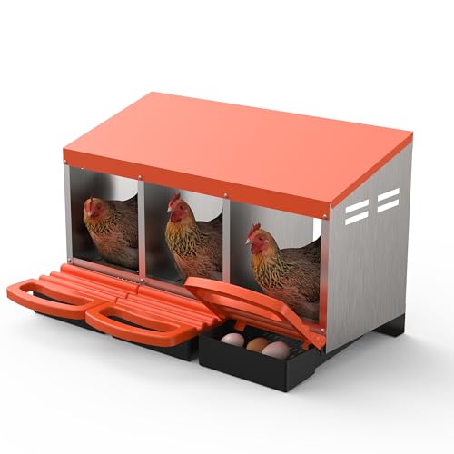 GarveeLife Chicken Nesting Box 3 Hole, Galvanized Steel Nest with Roll Away Egg Collection & Swing Perch, Easy-Clean Laying Box for Hens, Heavy Duty Design for Chicken Coop - color: Orange, size: 3 holes