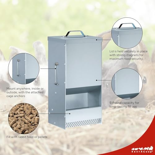 RAC Paws by RentACoop 5 lb. Metal Rabbit Feeder, Gravity Food Dispenser with Magnetized Lid, Indoor and Outdoor Feeder for Rabbits, Guinea Pigs, Ferrets & Small Animals