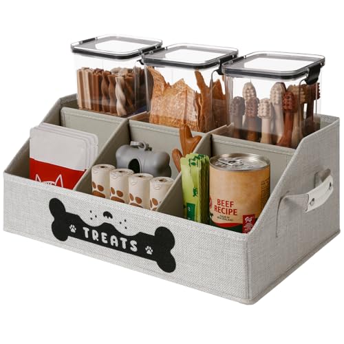 Dog Treat Container, Dogs Storage Organizer with Removable Dividers, Collapsible Dogs Treat Holder for Countertop, Trapezoid Pet Treats Containers, Dog Toy Basket with PU Handles, Medium, Gray - color: Gray, size: Medium (6 compartments)