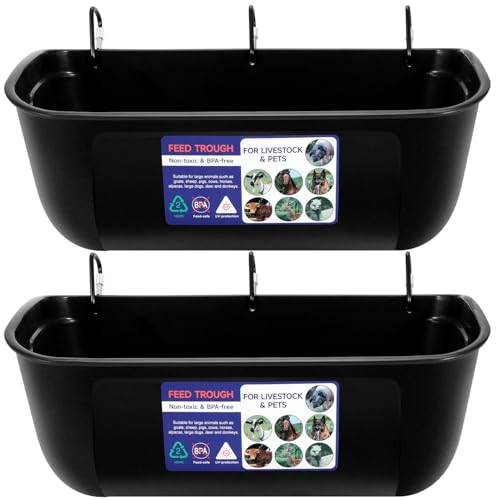 Goovilla Large Feed Trough, Hanging or Screw-in Fence Feeder with Clips, 2 Pack 9 Quart Goat Feeder Supplies, Dog Horse Hog Pig Livestock Poultry Plastic Feeder Trough Bucket for Large Animal, Black - color: Black, size: 9 Quart