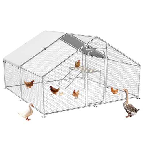 Large Metal Chicken Coop with Roosting Ladder, Waterproof and UV-Resistant Cover,Outdoor Walk-in Cage Hen House for Yard Farm Rabbit Duck Chicken Run, Spire Roof(13.1'W x 9.8'L x 6.4'H) - size: 157.5"L x 118.0"W x 78.0"H