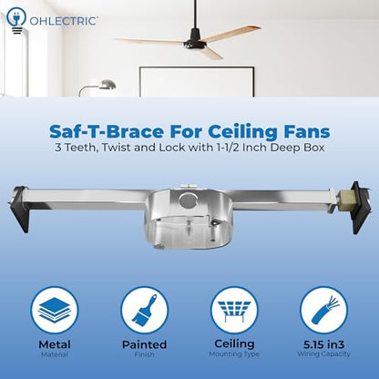 OHLECTRIC Saf-T-Brace For Ceiling Fans - Features 3 Teeth, Twist and Lock Design, 1.5" Heavy Duty Metal Electrical Box - Secure Installation For New, Remodel, Retrofit Application, Silver - size: Saf-T-Brace