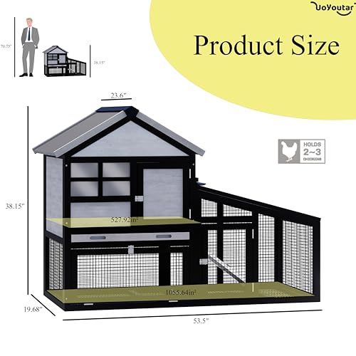 Chicken coop and activity area, dual-level rabbit cage for indoor/outdoor use, accommodates 2-3 chickens. Includes ramp and leak-proof deep-draw tray. Suitable for chicks and rabbits (black). - size: 53.5"L x 23.6"W x 38.2"H