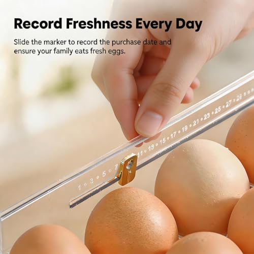Egg Holder for Fridge, Holds 30 Eggs, 3-Tier Stackable Egg Organizer for Refrigerator with Date Tracker & One-Hand Access, BPA-Free PET Egg Storage Container for Countertop or Fridge, Clear