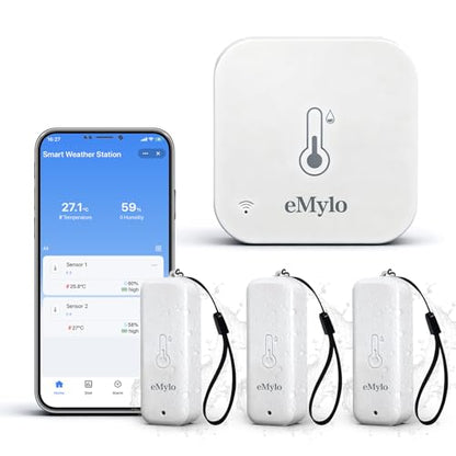 eMylo WiFi Thermometer Hygrometer 4 Pack with Hub, IP65 Waterproof Indoor Outdoor Digital Temperature Humidity Sensor, App Alert, 492ft Range, Alexa Compatible for Home Greenhouse Baby Room Pet